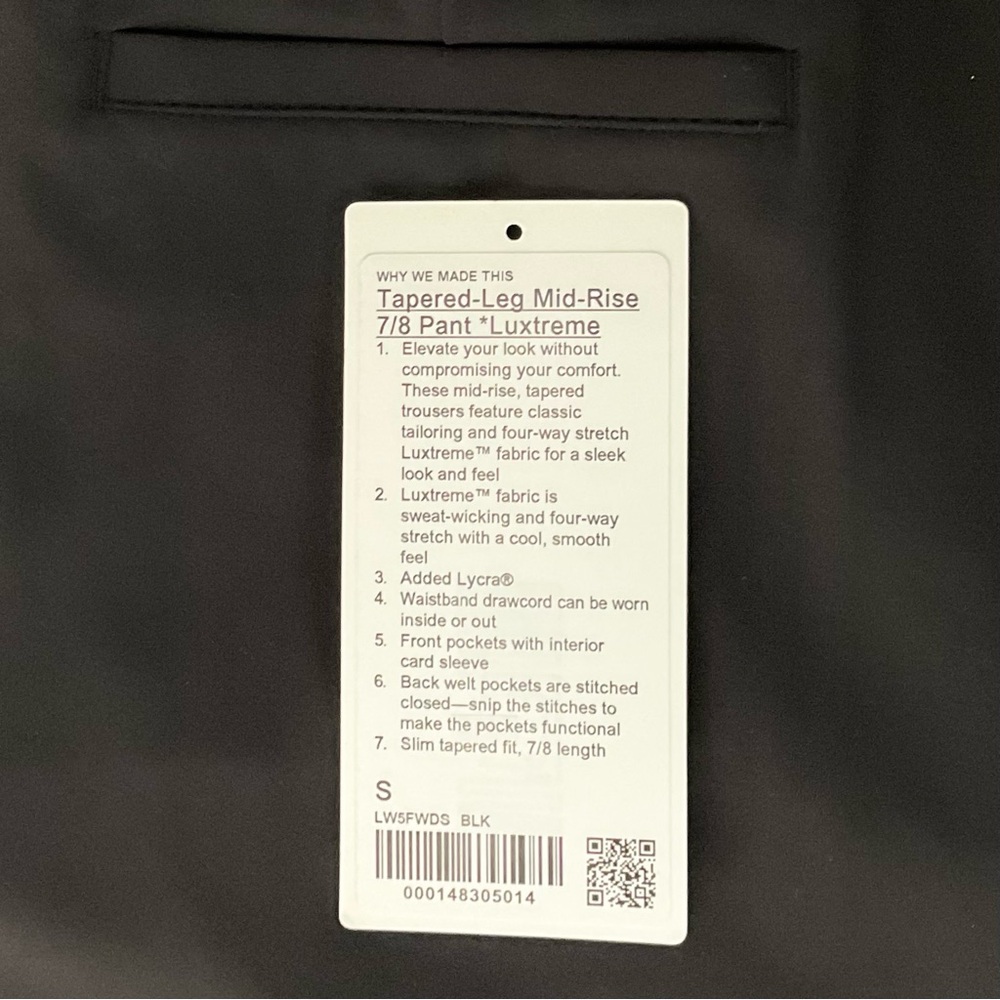 NWOT Lululemon Tapered-Leg Mid-Rise Pant 7/8 Length Luxtreme Black Size S - Picture 9 of 9